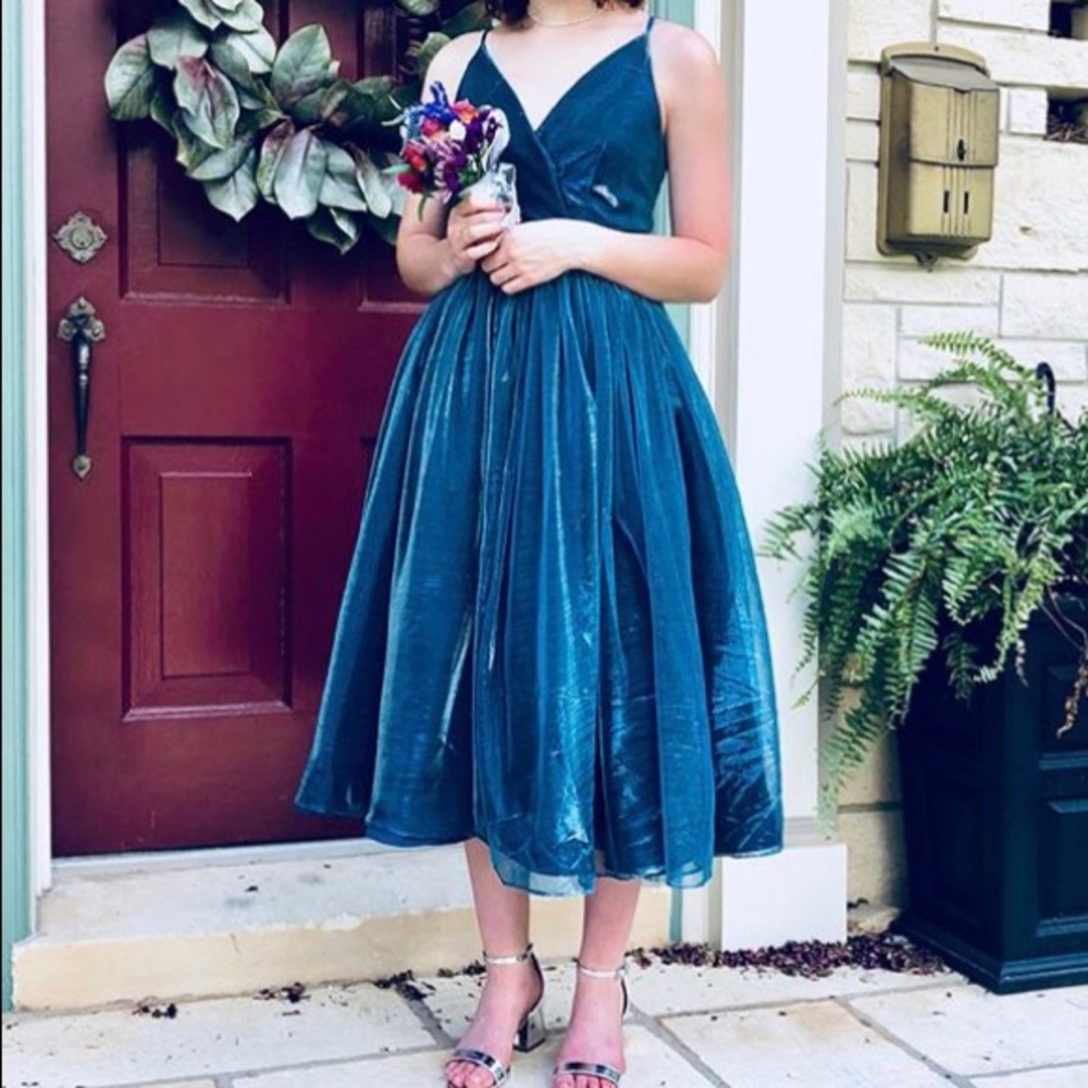 metallic teal mid prom dress